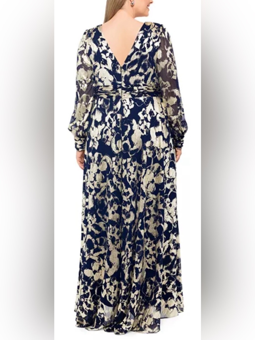 NEW Betsy & Adam Floral Metallic Long Sleeve A-Line Gown Sz 16 - Picture 3 of 8